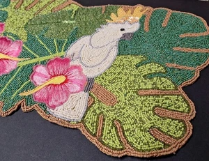 Vintage 2 Perched White Macaw Beaded Table Runner Seed Bead Forest Scene 34X13" - Picture 1 of 9