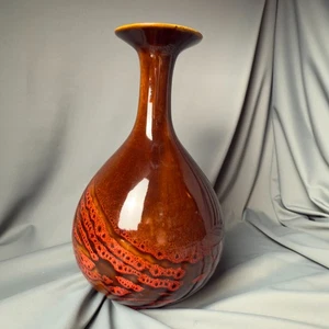 Vintage 1960s Pottery Vase Lava Drip Glaze Red Brown Mid Century Modern 8" - Picture 1 of 6