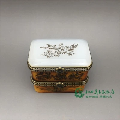 Антикварная шкатулка для ювелирных изделий из белого мрамора, инкрустация старой коровьей костью белым нефритом - Изображение 1 из 4