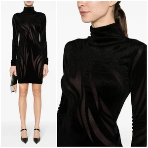 Mini Abito Mugler Ciniglia Trasparente Nero Manica Lunga Finto Scollo Nuovo con etichette Tg S - Foto 1 di 13
