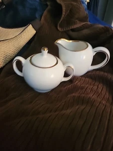 Nicole Miller Home Creamer &Covered Sugar White With Gold Trim - Picture 1 of 5