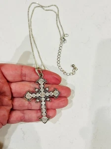 Vintage Premier Design Silver-tone Clear Rhinestone Cross Ball Chain - Picture 1 of 11