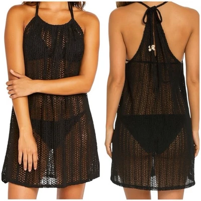 C&C California Black Open Crochet Mesh Halter Swim CoverUp Beaded Ties & Pockets - Image 1 of 4
