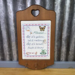 Vtg Completed Cross Stitch If It's Yellow Let It Mellow Bathroom Sign Towel Hook - Picture 1 of 8