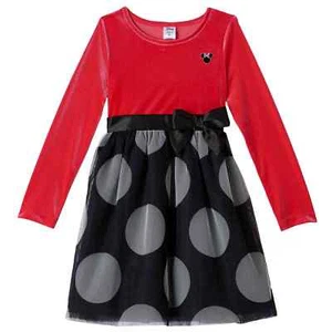Disney Toddler Little Girls Red Velour Black Dot Ruffled Long Sleeved Dress - Picture 1 of 1