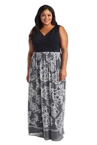 R&M Richards Navy Blue White Lace Overlay Formal Long Dress - Size 16W - Picture 1 of 7