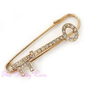 Large Gold Plated Key Kilt, Safety Pin Brooch w/ Swarovski Crystals, 18 Birthday - Picture 1 of 5