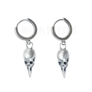 925 Sterling Silver Raven Bird Skull Drop Dangle Hoop Earrings Gothic Punk Biker - Picture 1 of 8