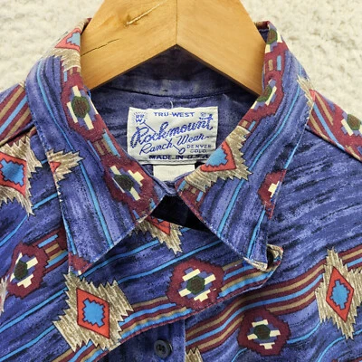 Vintage Rockmount Mens Shirt Medium Blue Western Ranch Wear Tru West USA Aztec - Image 1 of 4