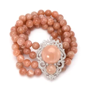 Meher's Jewelry SS Peach Moonstone & White Zircon Accent 4 Line Stretch Bracelet - Picture 1 of 3