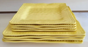 Tommy Bahama 8 PC MELAMINE YELLOW Square Dinner & Salad Plates Hobnail Dots - Picture 1 of 7