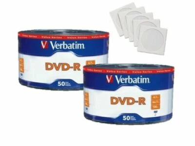 100 VERBATIM Blank DVD-R DVDR 16X 4.7GB Logo Branded Media Disc + 100 Sleeves  - Image 1 of 4