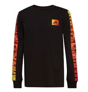 New Adidas Big Boys Crew Neck Long Sleeve Graphic T-Shirt Black Multicolor NWT