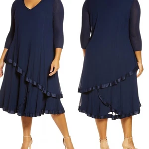 Komarov Pleated Chiffon Beaded Fit & Flare Midi Dress Navy Blue 1X Made in USA - Picture 1 of 11