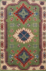 Alfombra verde hecha a mano con acento de lana 3x4 tinte vegetal súper kazajo oriental alfombra de vestíbulo - Imagen 1 de 8