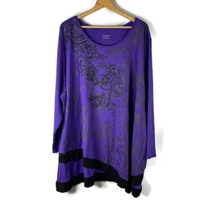 Catherines Womens Tunic Top Size 4X Purple Floral Embellished Long Sleeve - Picture 1 of 9