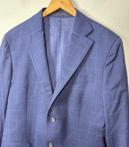 Lubiam Men's IT 50R US 40R Blue Wool Silk Windowpane Plaid Blazer Sports Coat - Picture 1 of 12