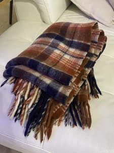 Vtg Pendleton Plaid Red Brown/Blue Fringed Throw Blanket 100% Virgin Wool 51x37 - Picture 1 of 7