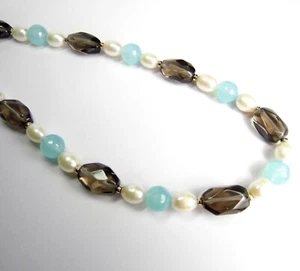 14KY GOLD Chalcedony White Pearl Smoky Quartz NECKLACE 16" - Picture 1 of 9