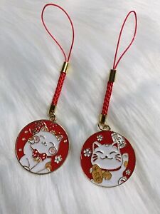 Lot 2 Japan Lucky Cat Red Phone Charm Waving Fortune Cat Charm Pendants