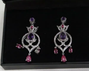 Macy’s semi precious chandelier gemstone earrings with amethysts and sapphires - Picture 1 of 12