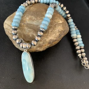 Collana Uomo Blu Larimar Ciondolo 10mm Navajo Argento Sterling Naturale 14004 - Foto 1 di 12