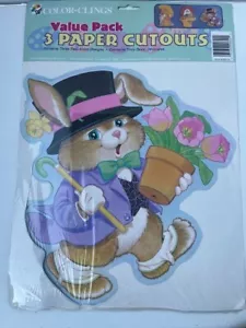 Vintage Easter Decoration Bunny Rabbit Color clings value pack 3 paper cut outs - Picture 1 of 4