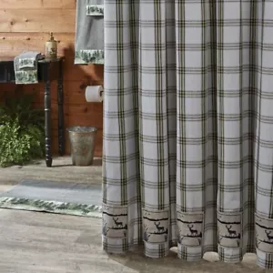 Timberline Shower Curtain Country Plaid Lodge Cabin Rustic Deer Moss Green Park - Picture 1 of 4