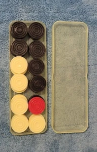 Vintage 24 Checkers Draughts Hard Plastic Black White Red Peices In Storage Case - Picture 1 of 19