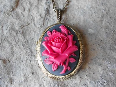 RED ROSE CAMEO LOCKET (ON BLACK) - ANTIQUE BRONZE, VINTAGE LOOK, UNIQUE - Image 1 of 4