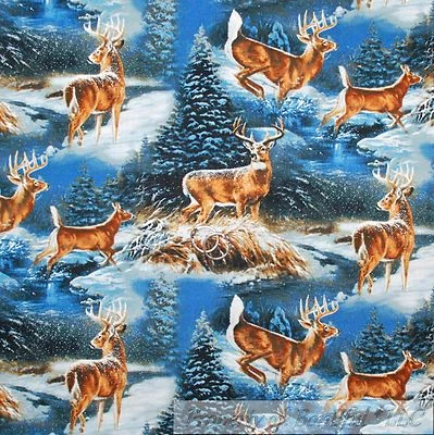 BonEful FABRIC FQ Cotton Quilt Blue Sky Snow Scene Brown Deer Hunt Winter Tree S - Image 1 of 4