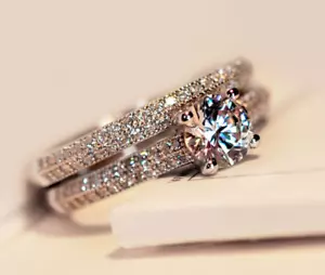 Set 2 PC Couple Luxury Diamond Ring Crystal Rings Halo Starry Engagement Wedding - Picture 1 of 5