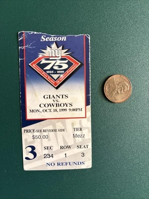 TIKI BARBER 1st NFL KO return TD 1999 Cowboys Giants ticket stub EMMITT SMITH TD - Image 1 of 2