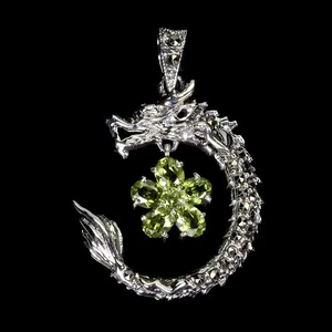 925 Sterling Silver Pendant Oval Peridot Marcasite Gemstone Dragon Jewelry - Picture 1 of 13