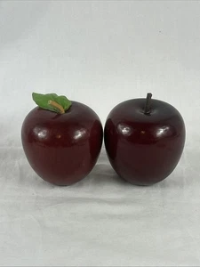 Red Apple Figurine Leather Stem Set Of 2 Smooth Solid Wood Glossy Fake Fruit - Picture 1 of 6