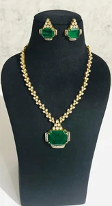 Vintage Stil Polki Halskette Set Smaragd Grün Doublet Stein Anhänger Ohrringe - Bild 1 von 7