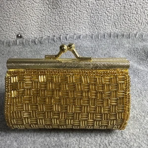Mary McFadden Mini Lipstick Case Purse Gold Glam Beaded Hinged Kiss Lock Clasp - Picture 1 of 13