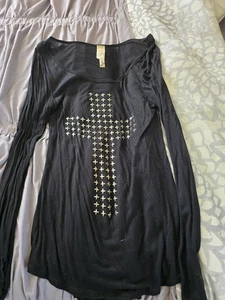 Vintage Rhinestone Embellished Cross Top Shirt Long Sleeve Medium - Picture 1 of 1