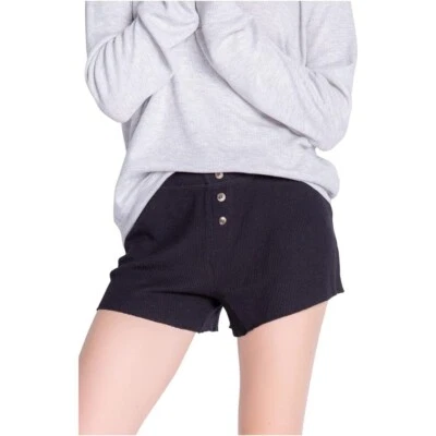 PJ Salvage Womens Textured Lounge Basics Shorts Ribbed Buttons Black M - Image 1 of 4