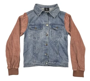 ALL ABOUT EVE Denim Jacket Blue Pink Corduroy Sleeves Button-Up Pockets Size 6 - Picture 1 of 17