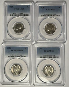 1938 JEFFERSON NICKEL PCGS MS 65, 66 LOT / 4 COINS - 2 MS 65, 1 MS 65 FS, MS 66 - Picture 1 of 9