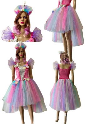 Women's Adult Unicorn Costume Dress Adult Fairy Dress  Rainbow & Free Headband - Image 1 of 4