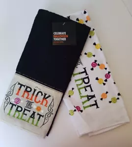 2 NEW HALLOWEEN KITCHEN TOWELS TRICK OR TREAT ASSORTED CANDIES BLACK WHITE - Picture 1 of 4