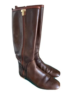 EUC Tory Burch Women's Brown Leather Flat Knee Boots Side Zip Logo Sz 8M - Picture 1 of 7