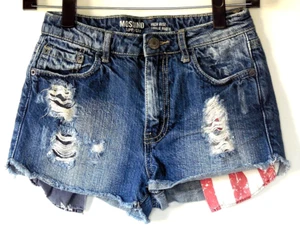 Pantalones Cortos de Jean Mossimo Tiro Alto Azul Denim Rasgado Envejecido con Forro de Bolsillo Bandera 3 - Imagen 1 de 2