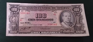 El Banco Central De Bolivia 100 Bolivianos 1945 Uncirculated [see photos-cond'n] - Picture 1 of 11