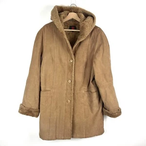 Vintage Y2K Gallery Hooded Suede Leather Penny Lane Coat Faux Fur Trim Sz L Warm - Picture 1 of 13