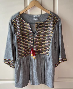 Ivy Jane Top Shirt Embroidered Boho Yoke Gray Drawstring Tie Sz XS - Picture 1 of 6