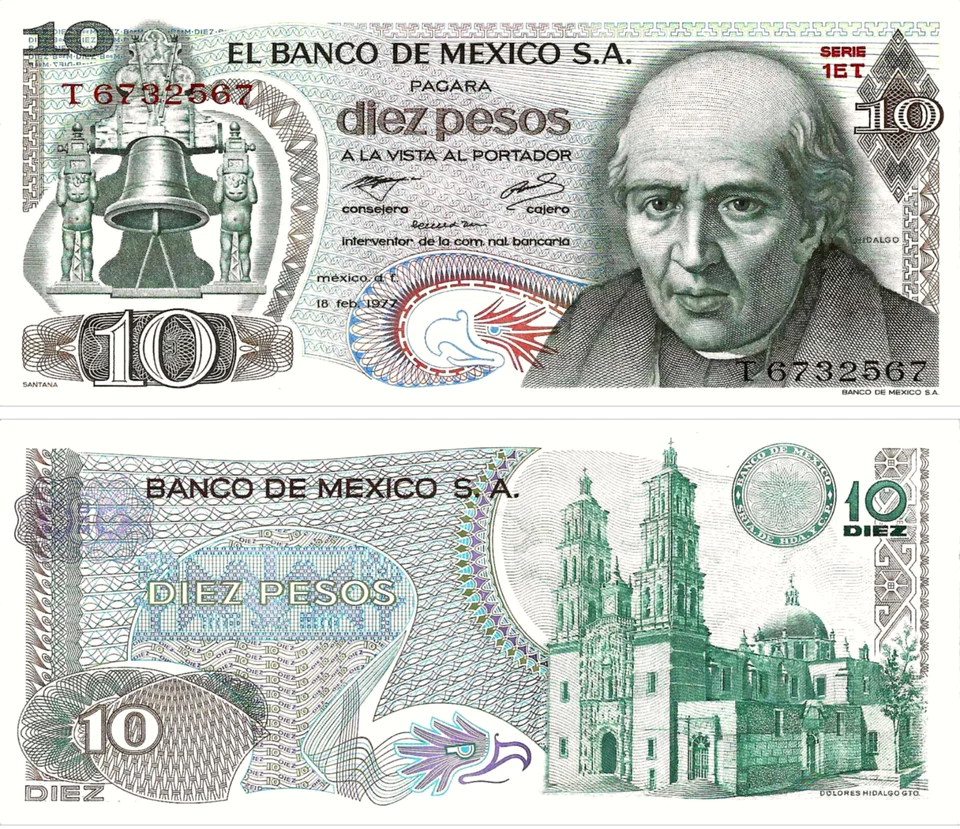 墨西哥,10 比索,墨西哥银行 S.A.,2-18-1977,系列 1ET,S/N T6732567,P63i — 第 1/1 张图片