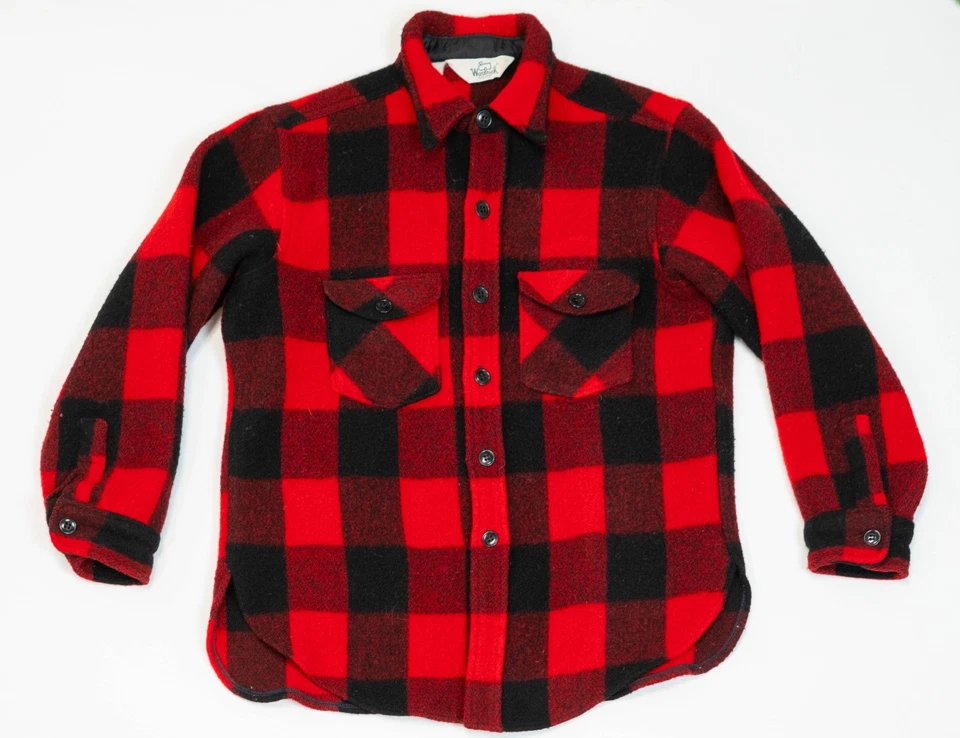 Vintage 60s Woolrich Red Plaid Wool Flannel Jacket Shirt Size XL Western Shacket - Image 1 of 4